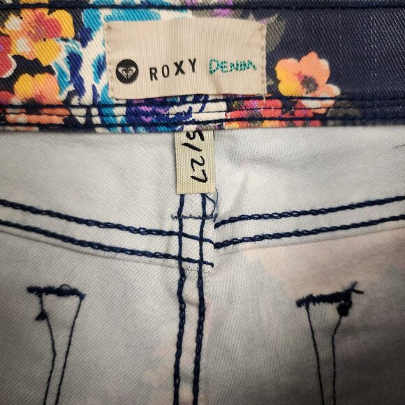 Roxy Blue Floral Tropical Jean Shorts Size 5 Low Rise Raw Fringe Hem - Picture 4 of 8